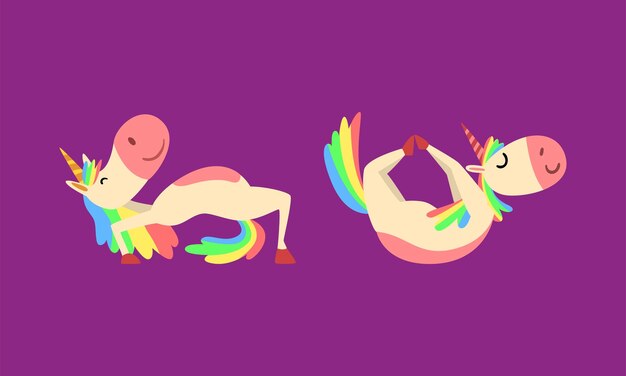 Funny Unicorn Character con melena y cola de arco iris practicando ejercicios de yoga Conjunto vectorial