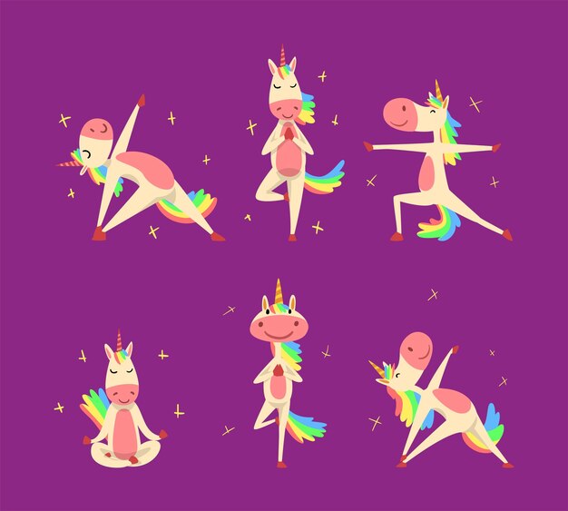 Funny Unicorn Character con melena y cola de arco iris practicando ejercicios de yoga Conjunto vectorial