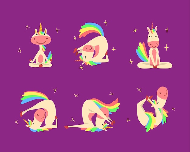 Funny Unicorn Character con melena y cola de arco iris practicando ejercicios de yoga Conjunto vectorial