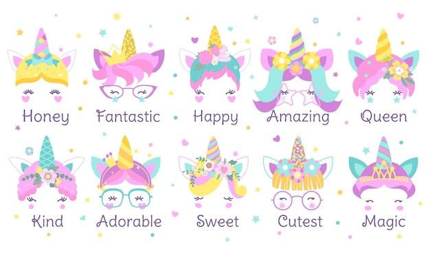 Funny unicorn face prints Reina y princesa unicornios mágico pony de cuento de hadas con cuerno de oro diseño gráfico lindo dibujo animado de hoy en día pegatinas de bebé de la reina princesa divertido pony niña ilustración