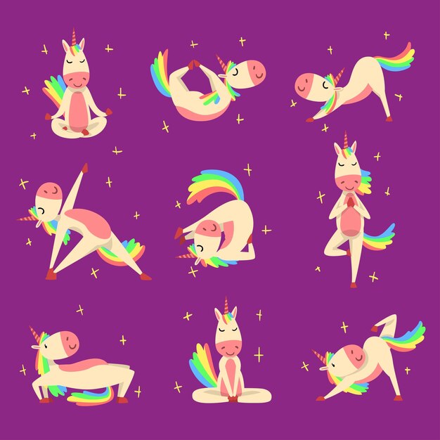 Funny unicornio practicando ejercicios de yoga conjunto de fantasía encantador personaje de caballo con melena arco iris y
