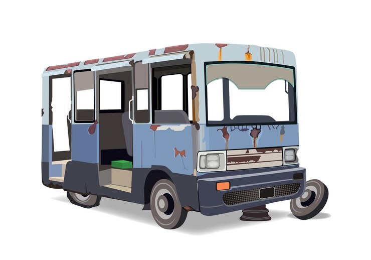 Vector una furgoneta azul y blanca con un letrero que dice autobús en el frente