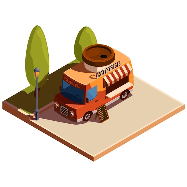 furgoneta de café isométrica en el parque en la calle ilustración vectorial