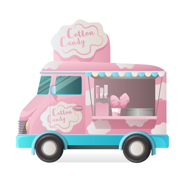 Furgoneta callejera con mostrador de camión de comida callejera sobre ruedas mostrador de puesto con postre de algodón dulce Transporte comida callejera sobre ruedas con menú y algodón de azúcar Vector ilustración