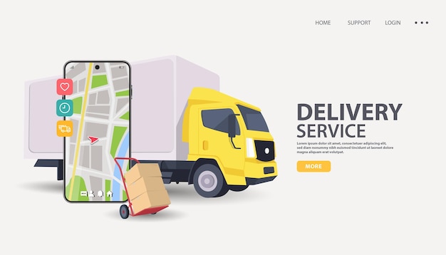 Furgoneta comercial de entrega amarilla con cajas de cartón sobre fondo amarillo Servicio de pedidos de entrega