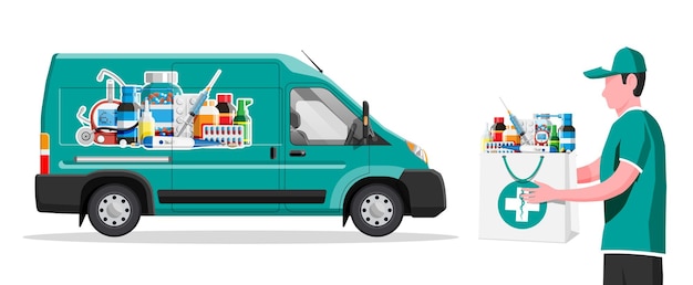 Vector furgoneta para la entrega de medicamentos farmacéuticos mensajero con bolsa camión de farmacia verde pedido en línea de farmacia por internet asistencia médica ayuda en línea atención médica ilustración vectorial en estilo plano