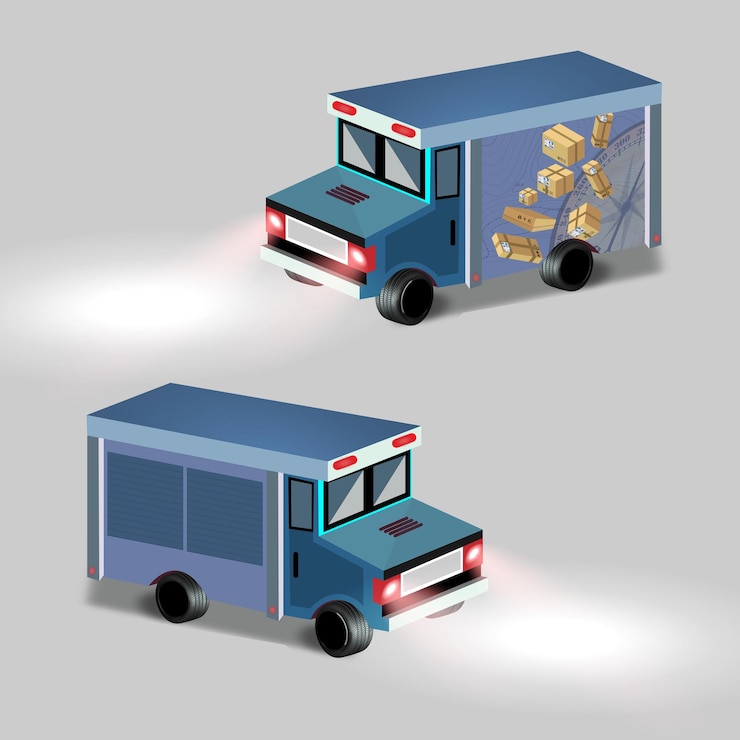 Vector furgoneta de entrega objeto vectorial de color semiplano elemento de tamaño completo en blanco transporte de mercancías a los clientes negocio de entrega aislado ilustración de estilo de dibujos animados modernos para diseño gráfico y animación