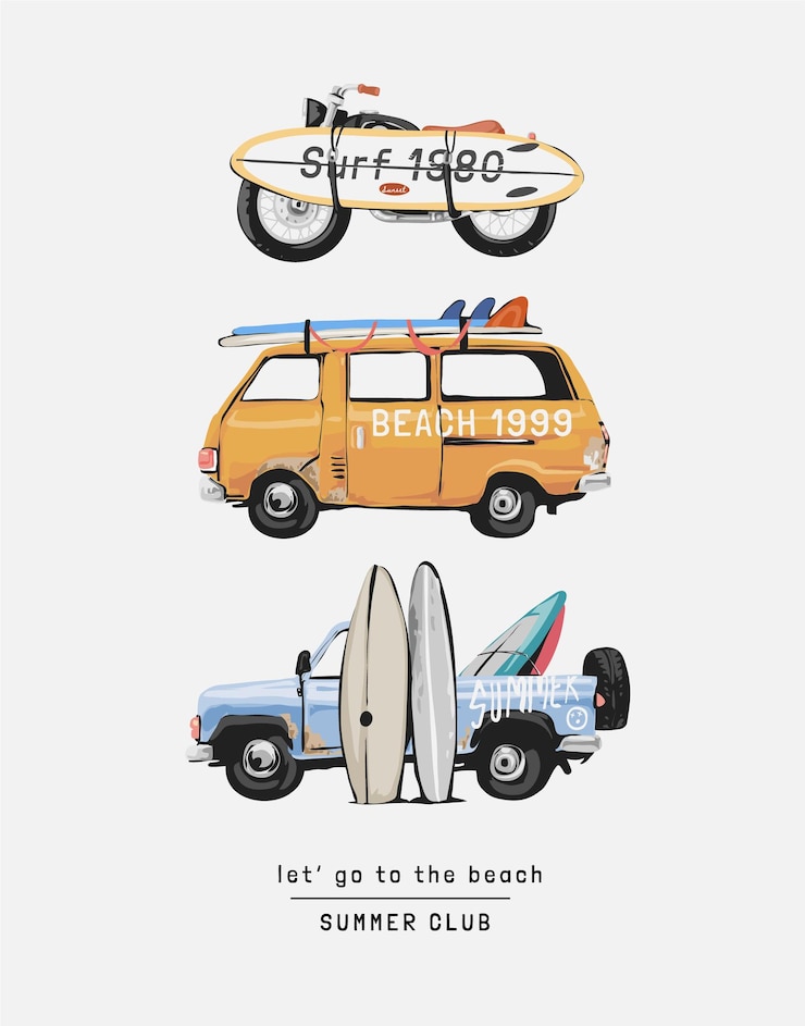 Vector furgoneta de motocicleta de playa y camión con ilustración vectorial de tabla de surf