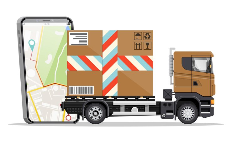 Vector furgoneta de reparto con caja y teléfono inteligente con aplicación de navegación servicios de entrega exprés camión comercial concepto de entrega rápida y gratuita en automóvil carga y logística ilustración vectorial plana de dibujos animados