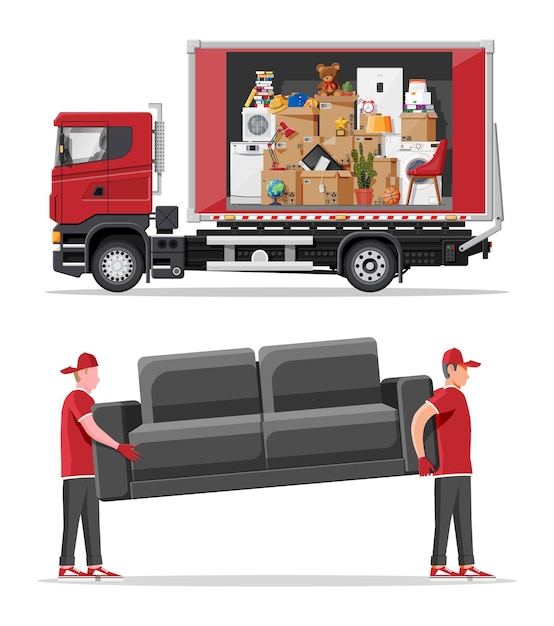 Furgoneta de reparto llena de artículos para el hogar en el interior y mudanzas Mudanza a una nueva casa Familia reubicada en un nuevo hogar Cajas con mercancías Transporte de paquetes Computadora lámpara ropa libros Ilustración de vector plano