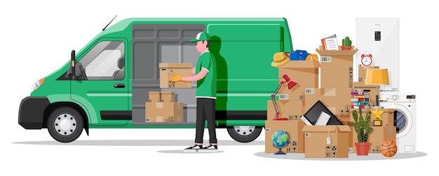Furgoneta de reparto con puerta abierta y artículos para el hogar Mudanza a una nueva casa Familia reubicada en un nuevo hogar Cajas con mercancías Transporte de paquetes Computadora lámpara ropa libros Ilustración vectorial plana