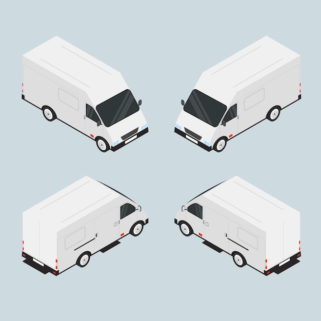 Furgoneta para el transporte de mercancías. El vehículo es blanco. Coche espacioso. La empresa de transporte. Coche en isométrico. Máquina en miniatura. Ilustración vectorial.