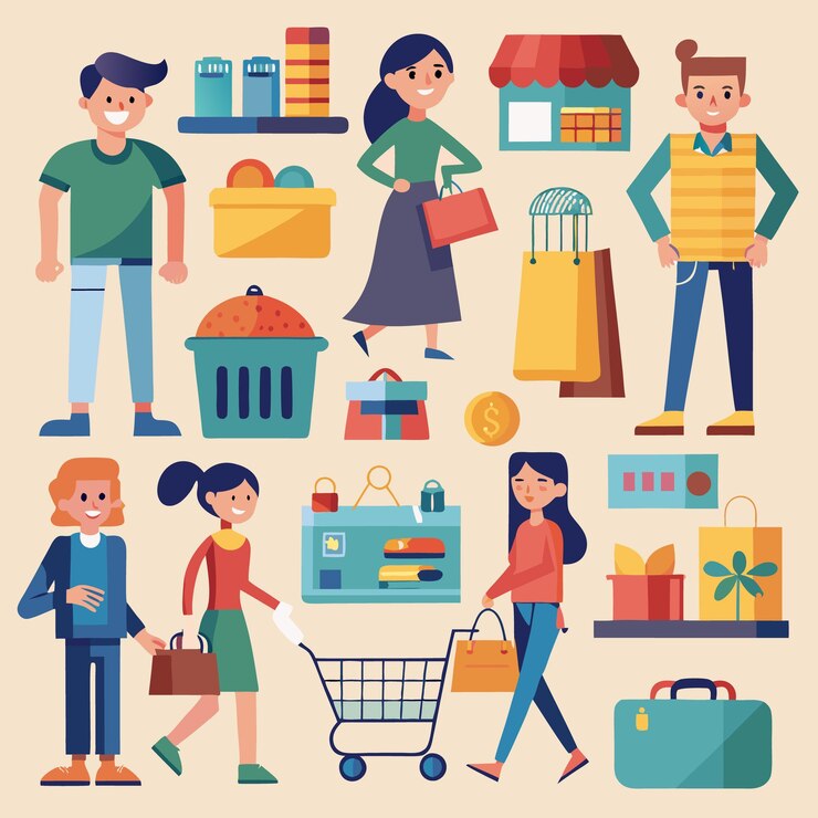 Vector la furia de las compras la gente compra en la tienda