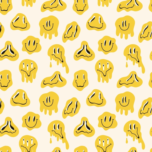 Fusión de caras sonrientes de patrones sin fisuras Amarillo colorido emoji maravilloso goteando personajes melty Sonrisa loca fondo vintage hippie psicodélico impresión vector dibujos animados plano aislado ilustración