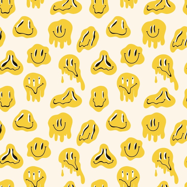 Fusión de caras sonrientes de patrones sin fisuras amarillo colorido emoji maravilloso goteando personajes melty sonrisa loca fondo vintage hippie psicodélico impresión vector dibujos animados plano aislado ilustración