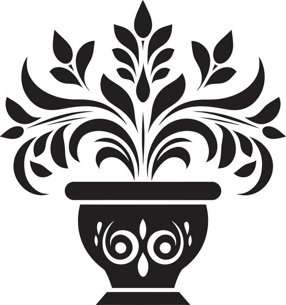 Vector fusión floral logotipo negro elegante con la elegancia de la planta en maceta panache emblema monocromo