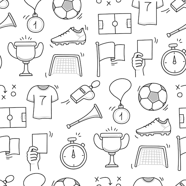 Fútbol doodle patrón sin costuras gol de fútbol premio copa silbato línea dibujada a mano doodle boceto estilo equipo icono Vector ilustración