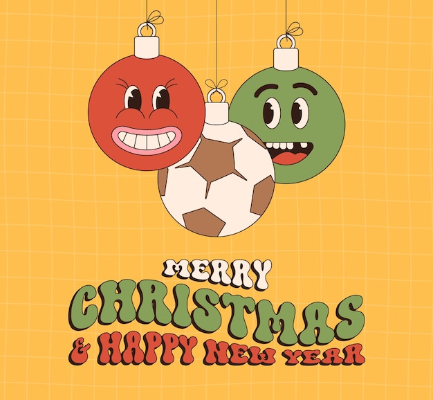 fútbol Feliz Navidad y Feliz Año Nuevo tarjeta de felicitación deportiva colgada como una bola de Navidad en un fondo vibrante Ilustración vectorial