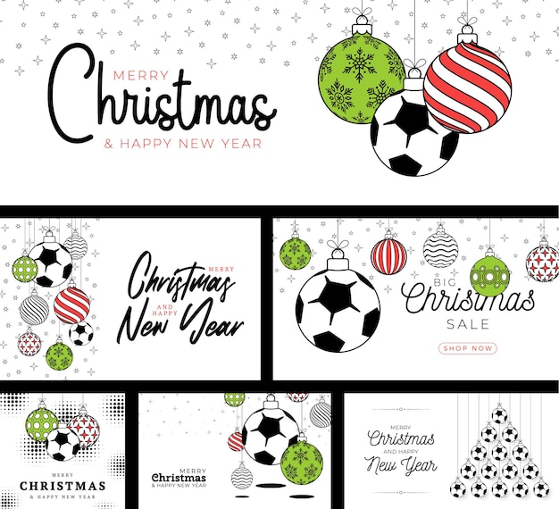 Fútbol fútbol deporte tarjeta de Navidad en estilo de línea de moda Feliz Navidad deporte tarjeta de felicitación plana Colgar en un hilo balón de fútbol como una bola de Navidad Deporte Vector ilustración colección