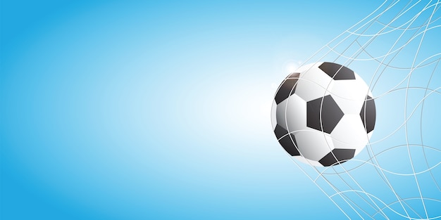 Vector fútbol en goal net sobre fondo azul.