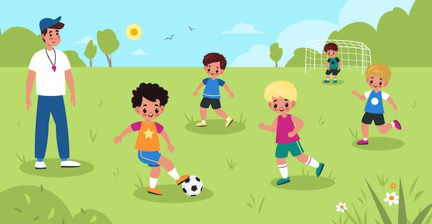 Fútbol infantil. Los niños juegan al fútbol en el parque de verano, el entrenamiento del equipo deportivo de los niños con el entrenador masculino, el portero en la puerta, la actividad de los atletas jóvenes. Pequeños amigos juegan juntos concepto de infancia de dibujos animados de vector