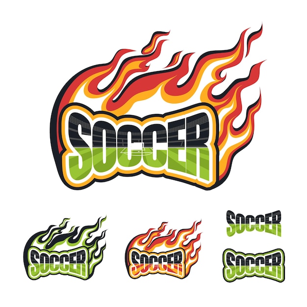 Fútbol la inscripción con una llama en llamas Imagen de color plano Vector