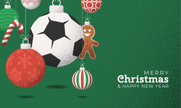 fútbol Navidad tarjeta de salud granulado Feliz Navidad y feliz año nuevo deporte tarjeta de salud retro colgar en un hilo bola de Navidad bauble en el ruido verde fondo punteado