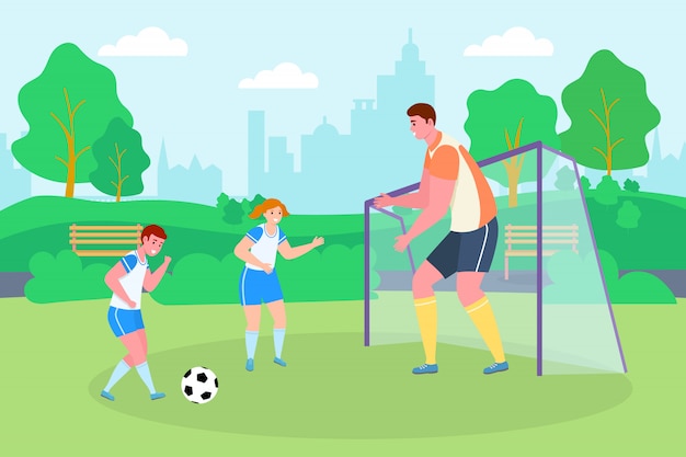 Fútbol en el parque, deporte ilustración familiar. hijo, hija y padre personaje con pelota juegan fútbol juntos.