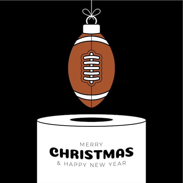 Fútbol rugby Pedestal de adorno navideño Feliz Navidad tarjeta de felicitación deportiva Colgar en una bola de hilo como una bola de Navidad en el podio blanco sobre fondo negro Sport Trendy Vector ilustración
