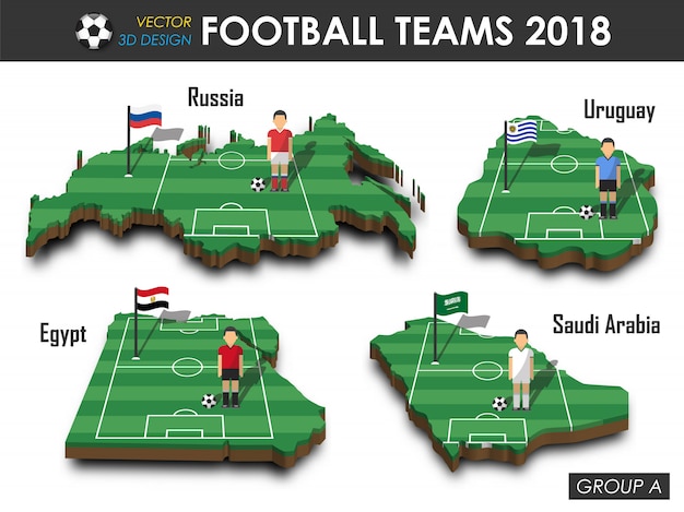 Futbolista y bandera en el mapa del país del diseño 3d.