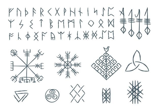 Futhark Nórdico Islandés y Viking Runes Signo de línea delgada Icon Set Vector