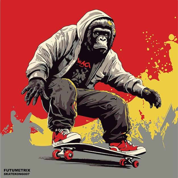 Vector futumetrix gorilla con camiseta y zapatillas nike play skateboard street art vector illustration
