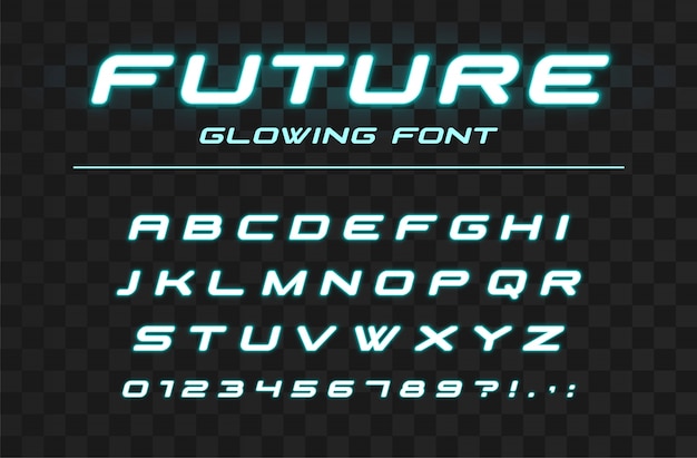 Futura fuente brillante. Alfabeto de tecnología deportiva, futurista y rápido. Letras y números de neón para diseño de logotipo de alta velocidad, industrial y de alta tecnología