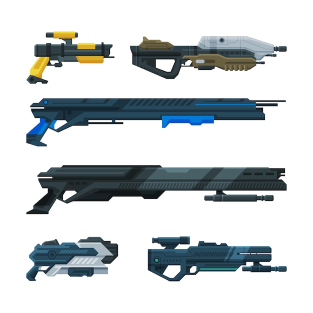 Futurista armas blaster y arma con conjunto de vectores láser