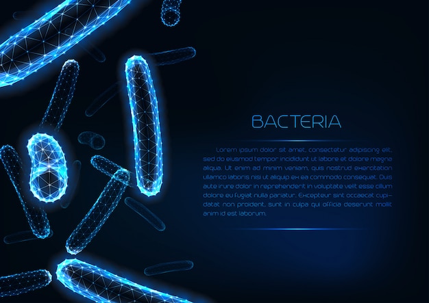 Futurista brillante plantilla de banner web de medicina poligonal baja con bacterias bacilos 3d.