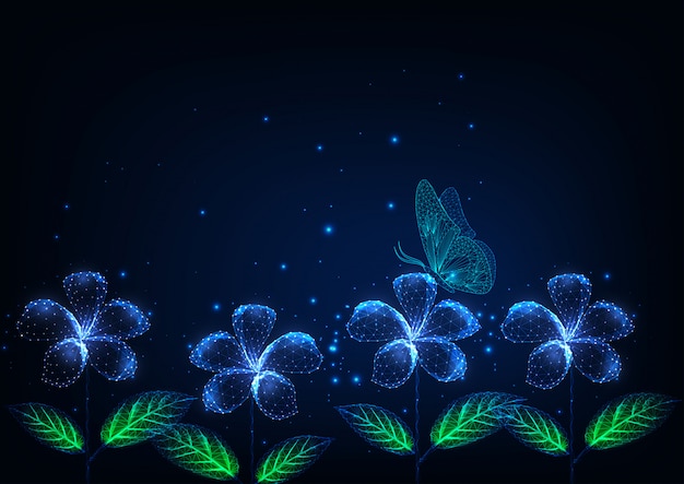 Vector futurista brillante bajo poligonales hermosas flores y mariposas en el paisaje nocturno