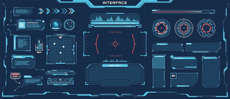 Vector futurista hud ui cyberpunk space panel frames rótulos títulos barras de progreso conjunto de interfaz de juego