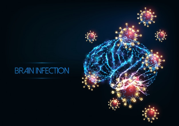 Futurista meningitis por infección cerebral poligonal baja y brillante, concepto de encefalitis con