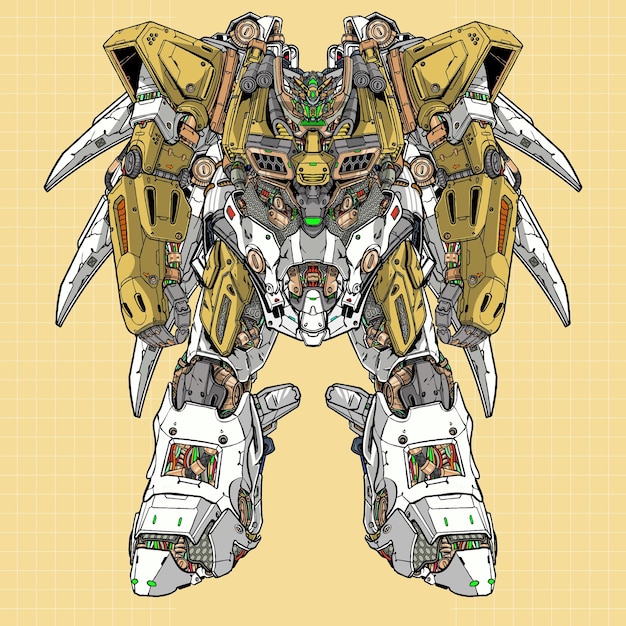 Futurista Mobile Suit mecha robot construido por cabeza brazo cuerpo pierna arma ilustración vector premium
