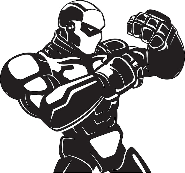 Futurista Puncher Robot Boxer Icono vectorial en titanio negro Campeón Robot Boxer Ícono de logotipo negro