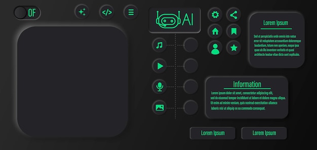 Futuristic dark mode AI dashboard interface with neon green accents featuring buttons icons and UI elements for technology and artificial intelligence concepts Futuristic AI dashboard design