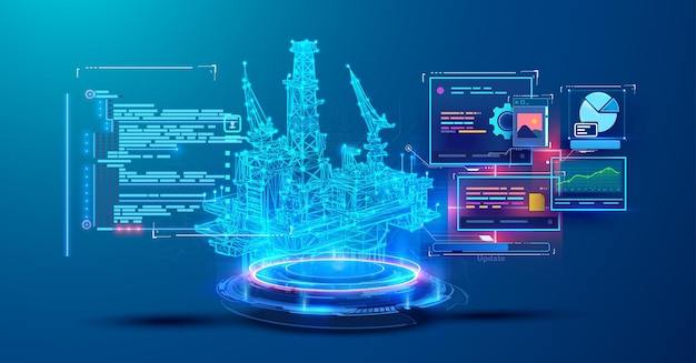 Futuristic Digital Interface with Offshore Oil Rig Intersection of technology and the oil industry featuring various data visualization elements coding scripts and graphical charts Vector