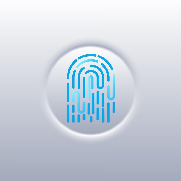 Vector futuristic digital push button interface with fingerprint authentication wireless communication signal biometric access control and shiny vector technology icon design for privacy security