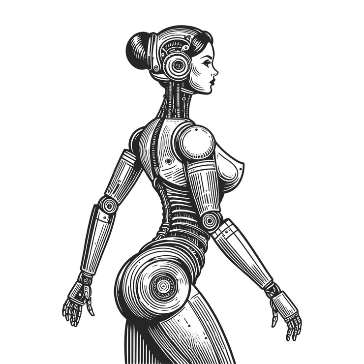 Vector futuristic female robot vintage engraving vector