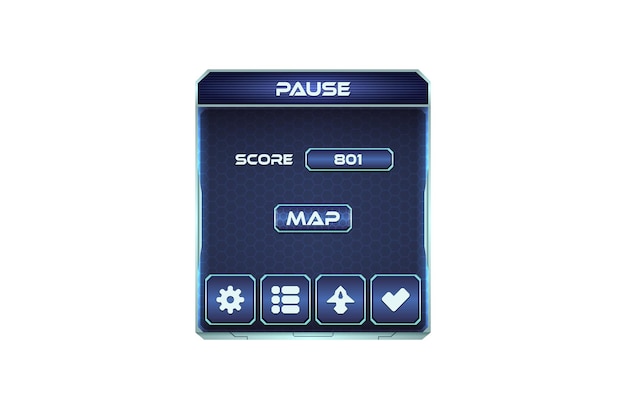 Futuristic Game Pause Screen User Interface with Score and Navigation Buttons Game UI