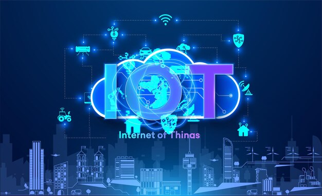 Futuristic Internet of Things IoT Network Concept Vibrant 3D image visualizing the Internet of Things IoT with connected devices and global network icons on a cityscape backdrop Vector