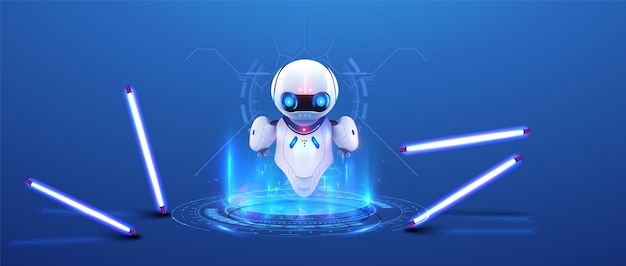 Futuristic Robot Assistance Concept with Interactive Holographic Interface 3D artificial intelligence Digital brain neural network Hologram of a robot in the field of teleportation Vector