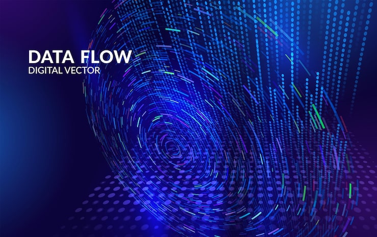 Vector futuristic vector background of flowing data lines and analytics visualization concept for big data flow cloud computing and science