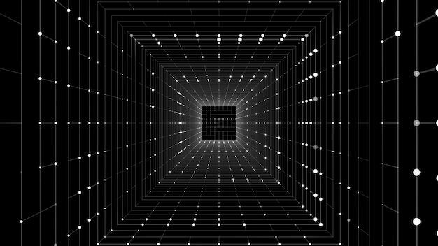 Futuristic vector scifi square portal in space 3D ai tunnel with dots and lines Abstract digital wormhole data Flow particle by funnel Fantasy circle vortex on dark background