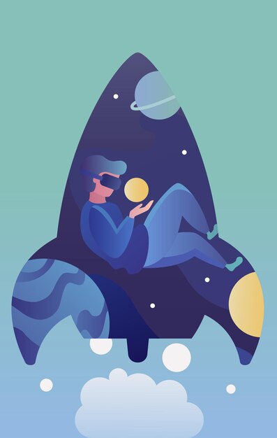 Futuristic Virtual Reality Journey in Space Rocket Shape Illustration